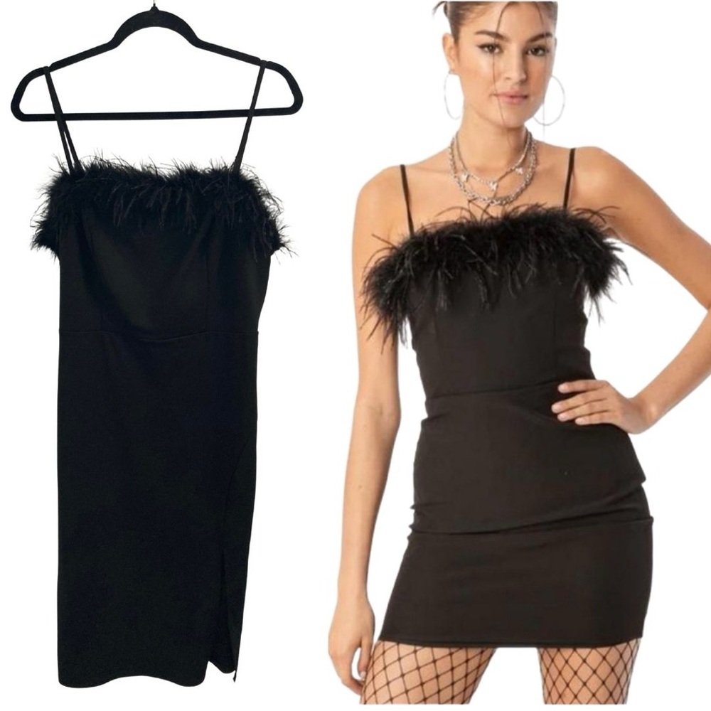 Crystal Sky Feather Trim Little Black Dress Size XL